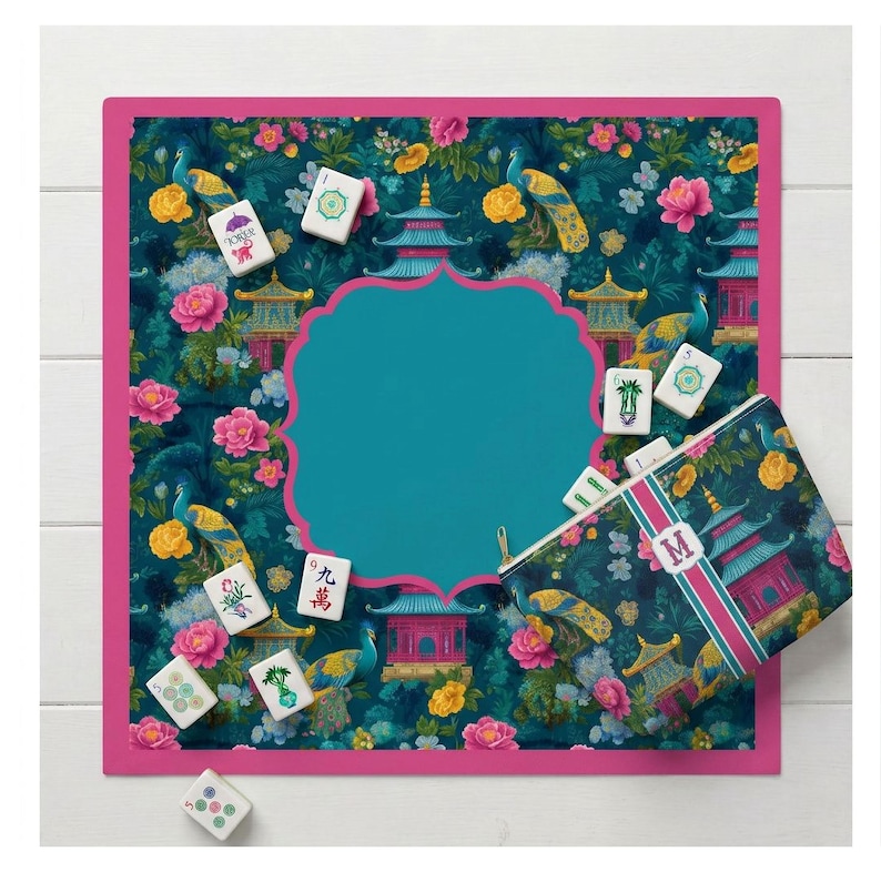 Square Felt Surface Mat Mahjong Table Pad Noise Reduction Gaming Material Non Slip Backing Tile Protector Peacock Pagoda Design Teal Turquoise Playing Area Pink Flowers Scalloped Edge 31 Inch Game Accessory Decorative Pattern Asian Inspired Peacock Pagoda Pattern Mat Mahjong Table Gaming Surface Teal Turquoise Design Pad Noise Reduction Felt Material Non Slip Backing Tile Protection Square Playing Area Pink Flowers Scalloped Edge 31 Inch Game Accessory Decorative Asian Style