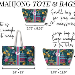 May include: A collection of three bags featuring a dark teal floral and pagoda print with a central pink and white striped monogram panel. The set includes a large tote measuring 24 inches by 13 inches, and two pouches measuring 6.75 by 8.66 inches and 9.75 by 12.6 inches.