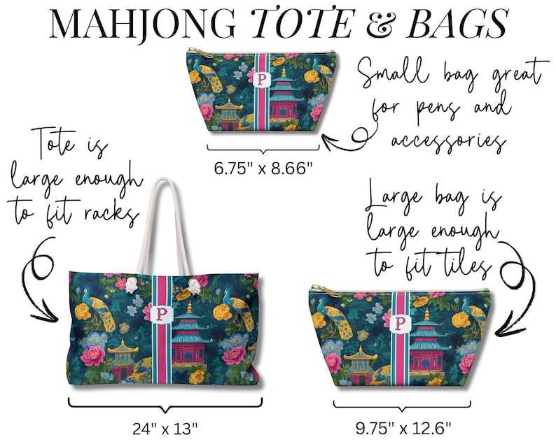 May include: A collection of three bags featuring a dark teal floral and pagoda print with a central pink and white striped monogram panel. The set includes a large tote measuring 24 inches by 13 inches, and two pouches measuring 6.75 by 8.66 inches and 9.75 by 12.6 inches.