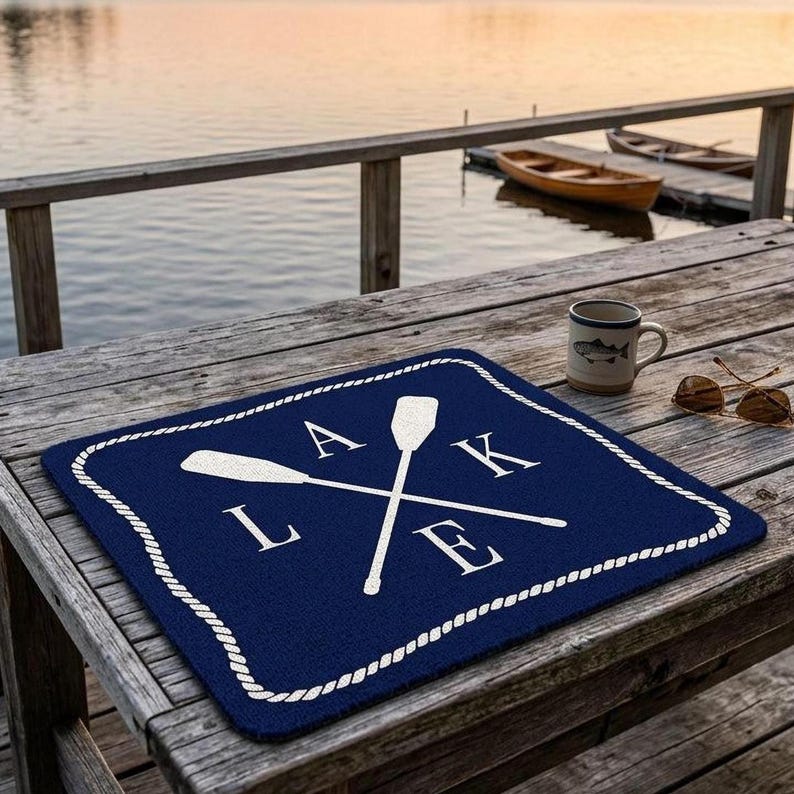 May include: A navy blue rectangular mat with white rope trim and the word "LAKE" in white block letters with crossed oars. The mat is on a wooden table near a lake, with a mug and sunglasses nearby.