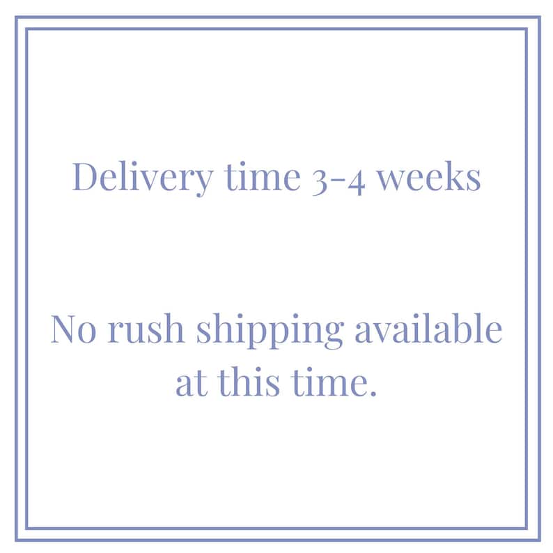 May include: A square graphic with a double-lined border in a light purple hue. The text in the center reads: Delivery time 3-4 weeks. No rush shipping available at this time. The background is white and the text is in a matching light purple color.