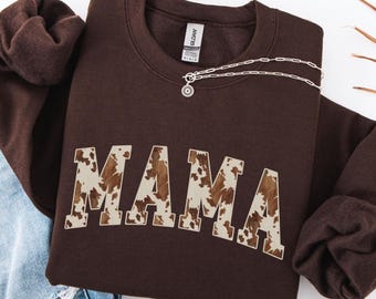 Brown Cow Print Mama Sweatshirt Mama Cowhide Sweater Mama Western Crewneck Mama Christmas Gift Mom Birthday Trendy Mama Shirt Mothers Day