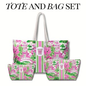 May include: A tote and bag set with a floral and pagoda pattern in pink, green, and white. The set includes a large tote bag, a medium bag, and a small bag, all with a white initial "W" on a green and white striped background.
