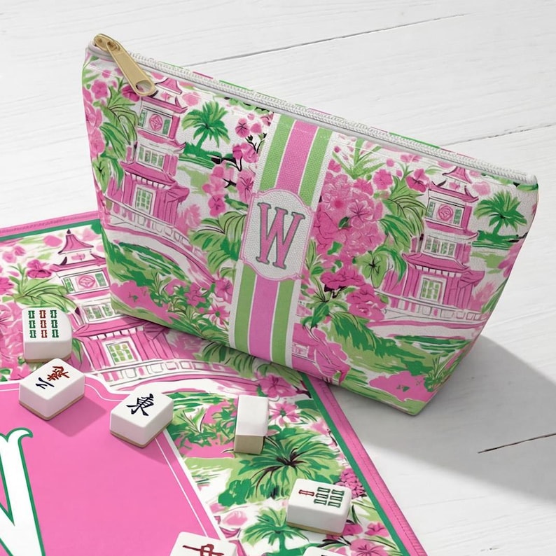 Personalized Mahjong Tote Pagoda Print Mahj Preppy Tote Bag Mahjong Rack Bag Mahj Ong Carry All Gift For Mahjong Game Gift Mom Birthday Mahj image 3