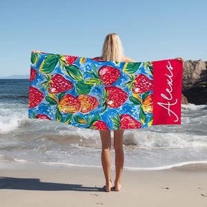 Personalized Beach Towel Name Custom Beach Towel Strawberry Kids Beach Towel Girls Trip Gift Bachelorette Gift Girls Trip Gift Pool Towel