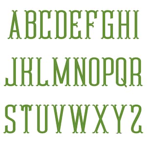May include: Green uppercase alphabet letters in a serif font, displayed on a white background. The letters are evenly spaced and arranged in three rows, with each row containing a different set of letters from A to Z.