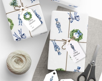 Etiqueta de regalo navideña imprimible Descarga instantánea Cascanueces Azul Chinoiserie Papel de regalo a juego Etiqueta de regalo Etiqueta colgante navideña Etiqueta de regalo navideña para imprimir