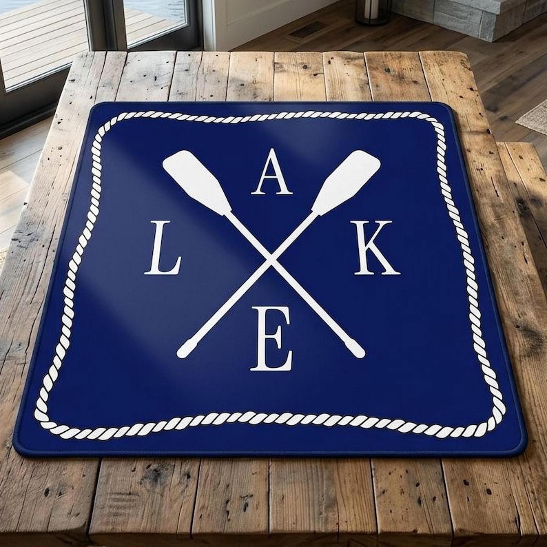 May include: A navy blue mat with a white rope border and the word "LAKE" spelled out with white letters and crossed oars. The mat is square and sits on a wooden table.