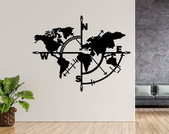 Metal Compass and Earth map Wall Art Decor, Dxf Digital Download, Wooden Wall Art, Office Decor, Home Decor, Housewarming, Gift for him,her