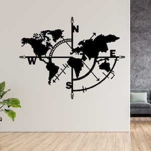 Metall Kompass und Erde Karte, Wall Art Decor, Dxf Digital Download, Holz Wandkunst, Büro Dekor, Wohnkultur, Housewarming, Geschenk für ihn, sie