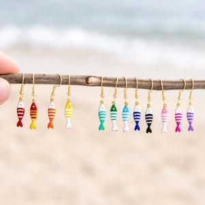 Mini Fish Earrings, Enamel Dangles, Stainless Steel & 14K Gold Plated Earrings, Micro Jewelry, Beach Lover Gift, Coastal Earrings