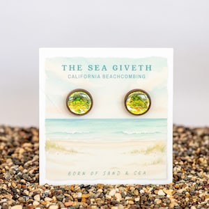 Groene iriserende oorbellen zeemeermin, oceaanharsstekers, houten ring oorbellen, roestvrijstalen palen, kuststrand sieraden cadeau