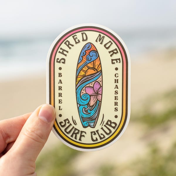Shred More Surf Club Vinyl Sticker: Waterproof Beach Decal