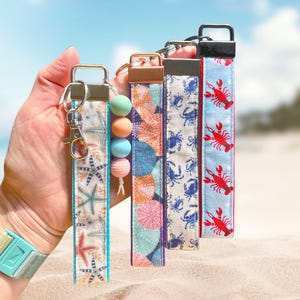 Sea Star Wristlet, Coastal Fabric Key Fob, Shell & Tidepool Strap