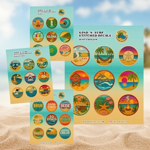 May include: Several sheets of colorful, circular decals with a beach theme. The decals feature images of waves, palm trees, and phrases like "Aloha" and "Good Vibes." The text "Sand-N-Surf Stitched Decals" is visible.