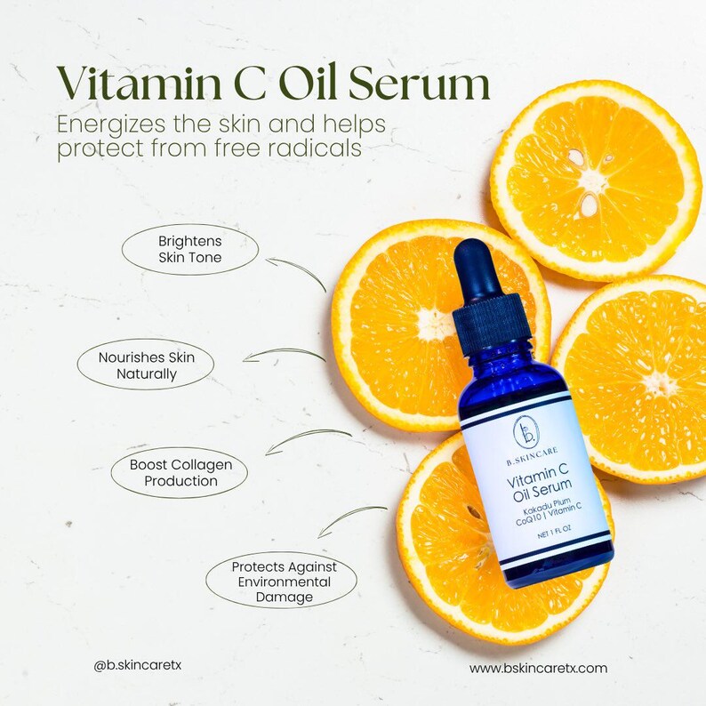 May include: A blue glass bottle of Vitamin C Oil Serum with a dropper, next to orange slices. The label reads "Vitamin C Oil Serum" and lists ingredients. Text on the image highlights benefits like brightening skin tone and boosting collagen production.