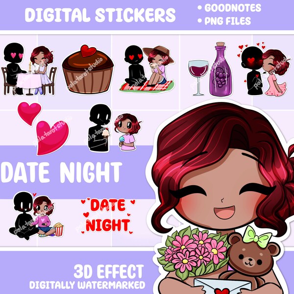 Stickers valentines Romantic stickers ( Lydia | Maroon hair | Medium skin ) Planner stickers | Digital planner | Ipad stickers  Png stickers