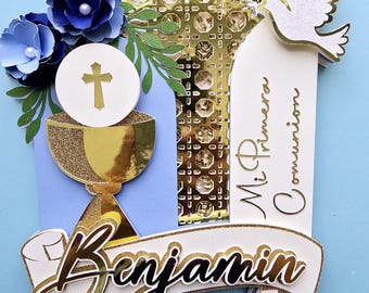 Personalized First Communion Cake Topper: Gold Chalice, Dove