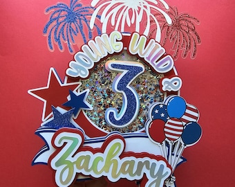 Personalized 4th Birthday Cake Topper: Patriotic Shaker, Red White & Blue