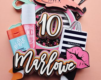 Beauty Store–Inspired Shaker Cake Topper | Custom Name & Age | Makeup Birthday Décor
