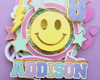 Retro Smiley Face Cake Topper - Preppy Shaker Birthday Party Decoration