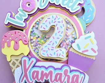 Two Sweet Birthday Cake Topper: Personalized Donut & Ice Cream Shaker