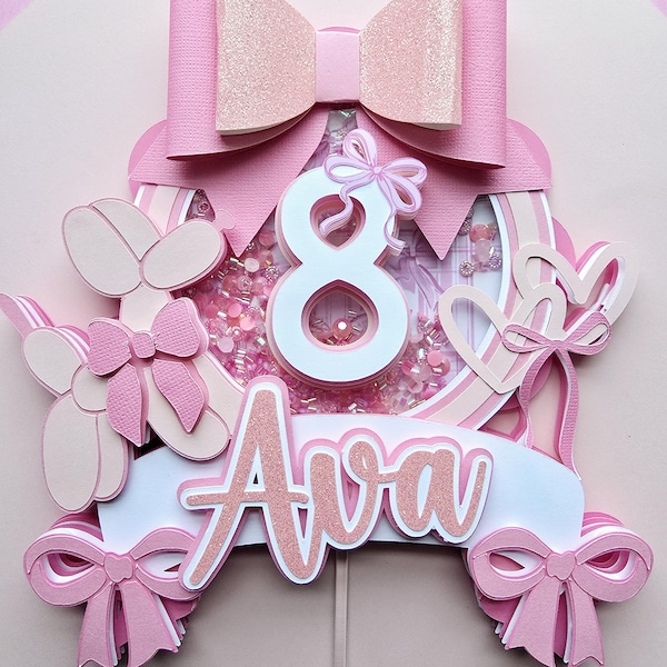 Coquette Cake Topper | Shaker Party Decoration with Bows, Glitter, and Name Customization