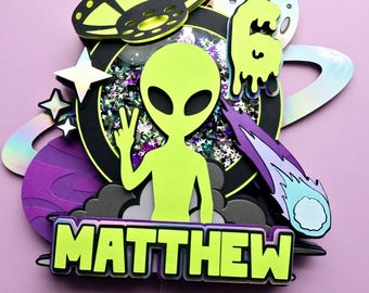 Custom Alien Birthday Cake Topper: Space Theme Shaker, Personalized