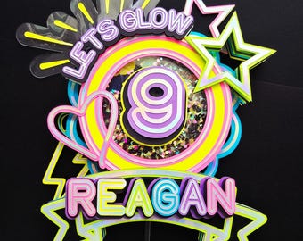 Neon Glow Birthday Cake Topper - Custom 3D Shaker, Blacklight Party Decor