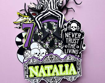 Beetlejuice Inspired Birthday Cake Topper | Personalized Shaker Topper | Gothic Halloween Party Decoration