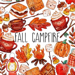 Pode incluir: Uma ilustração em aquarela com o texto FALL CAMPFIRE rodeado por personagens fofos, incluindo s'mores, marshmallows em palitos, canecas de chocolate quente, folhas de outono, uma abóbora, uma lanterna, uma maçã e doces em um fundo branco.