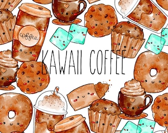 Commercial Use kawaii coffee clipart set 300 DPI transparent background