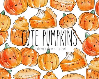 Kawaii Pumpkin Treats Watercolor Clipart Set (Digital Download)