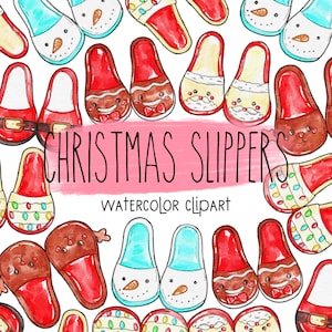 May include: Watercolor clipart of Christmas themed slippers. The slippers feature designs such as gingerbread men, snowmen, Santa Claus, and Christmas lights.