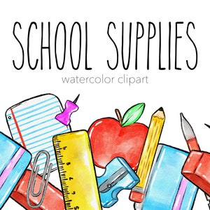 School supplies watercolor clipart set 300 DPI transparent background colorful back to school clipart