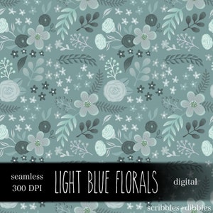 Digital Seamless Light Blue Florals Paper / Handdrawn / Cute floral scrapbooking paper