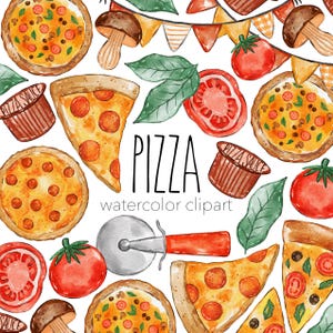 May include: Watercolor clipart featuring pizza slices, whole pizzas, tomatoes, mushrooms, and green leaves. The word "PIZZA" is displayed in large black letters, with the text "watercolor clipart" underneath. A pizza cutter is also included.