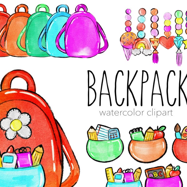 Lets make a backpack watercolor clipart set 300 DPI transparent background colorful back to school clipart