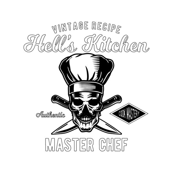 Vintage Recipe, Hell's Kitchen, Master Chef, Cook Mastery, Chef Skull, Layered Cut File SVG + PNG + Jpg + Ai + Eps Cricut Design Space
