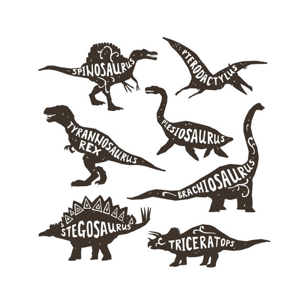 Dinosaurs Bundle, 7 Different Dinosaurs Silhouettes Designs with Lettering, Editable Layered Cut Files SVG + EPS + AI + PnG + JPeG + GiF