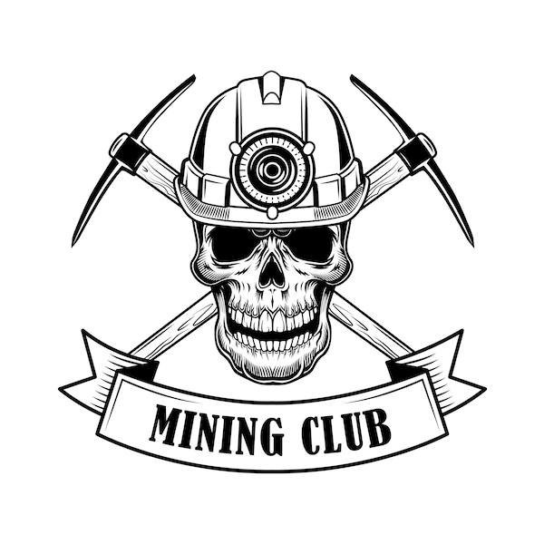 Mining Club : Coal Miners Skull Vector Illustration, Helmet with Torch Crossed Twibills, Cut File SVG + EPS + AI + Png + Jpeg + GiF + Pdf