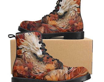 Floral Dragon Leather Boots - Handcrafted Dragon Design - Unique Leather Footwear - Artistic Women's Boots - Customized Dragon Shoes