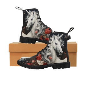 Experience Fashion Forward Footwear: White Unicorn Canvas Combat Boots for Women - Trendy, Durable, and Unleash Your Unique Style!