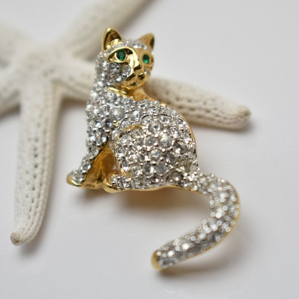 Svarowski Cat or Kitten Brooch Swan Signed Figural Brooch or Pin in Gold Tone and Clear Crystals