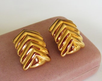Monet Clip On Earrings in Gold Tone with Chevron Design