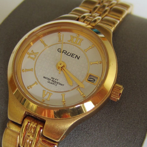 Gruen Quartz Ladies Watch with Date Feature Vintage Dress Watch Gold Tone New Battery