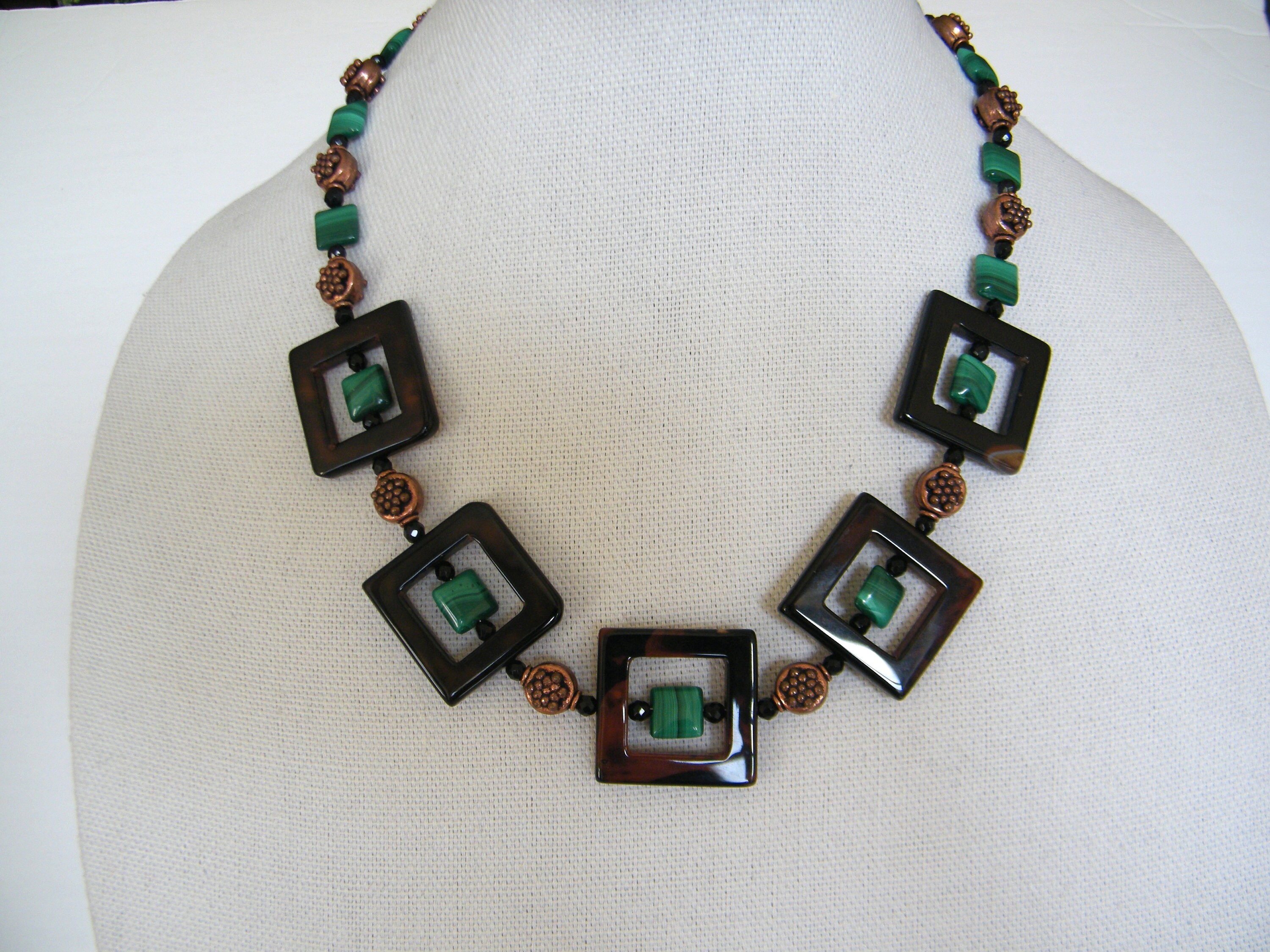 Chocolate Brown Agate and Malachite Statement Necklace Vintage Large Agate Beaded Necklace NOS