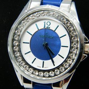 Charles Latour Ladies Quartz Watch with Crystal Accents Silver and Blue Tone Metal Bracelet in Original Box Vintage Wristwatch New Battery