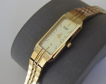 Montre à quartz Citizen pour femme, forme rectangulaire, dorée, montre-bracelet vintage, pile neuve