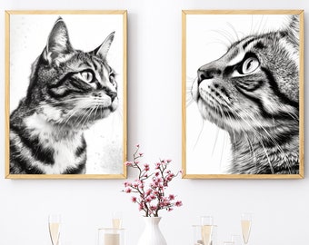 Impresión digital de arte de gato, blanco y negro, 2 retratos de carteles de gato Descarga digital Ilustración de arte de gato moderno, PDF imprimible, Arte de gato lindo